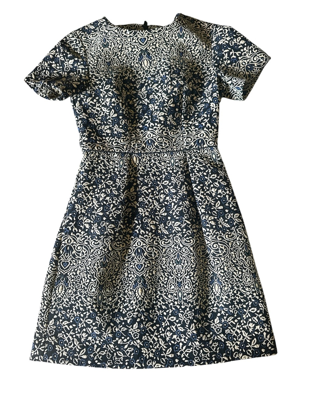 H&M Navy and White Floral Jacquard Fit-and-Flare Mini Dress